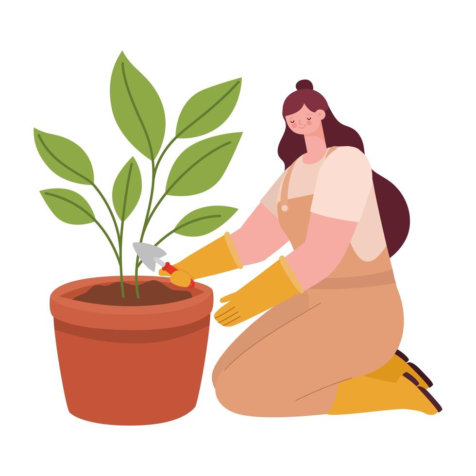mujer plantando plantas vector