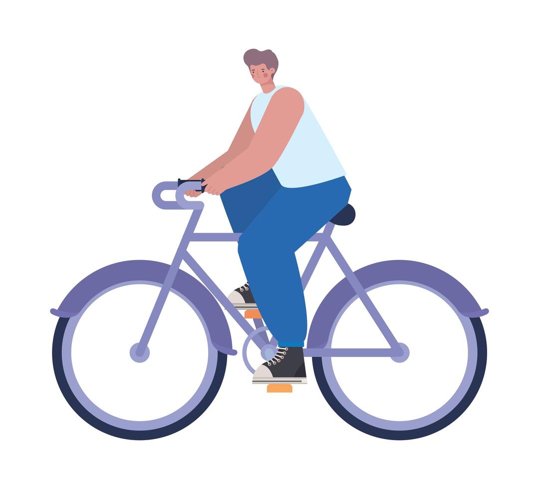 Hombre sobre una bicicleta de color púrpura sobre un fondo blanco. vector