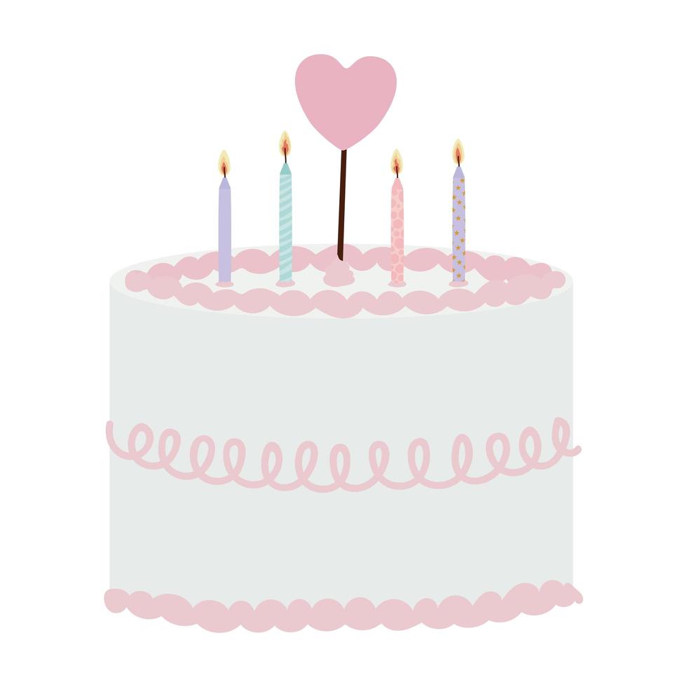 Tarta de cumpleaños con velas y una con forma de corazón sobre un fondo blanco. vector