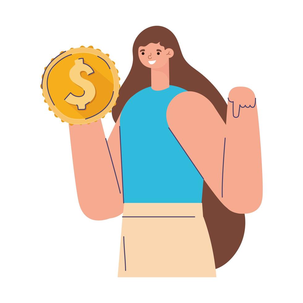 Mujer con una moneda en la mano sobre un fondo blanco. vector