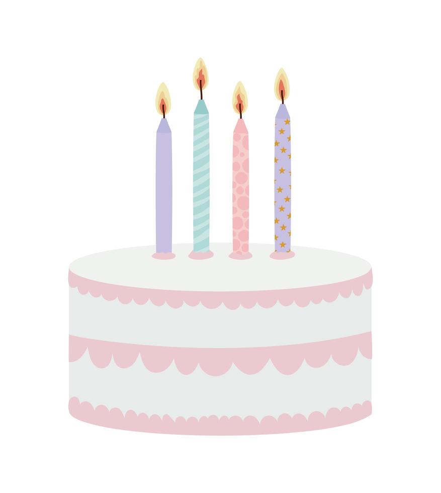 Tarta de cumpleaños con velas de diferentes colores sobre un fondo blanco. vector