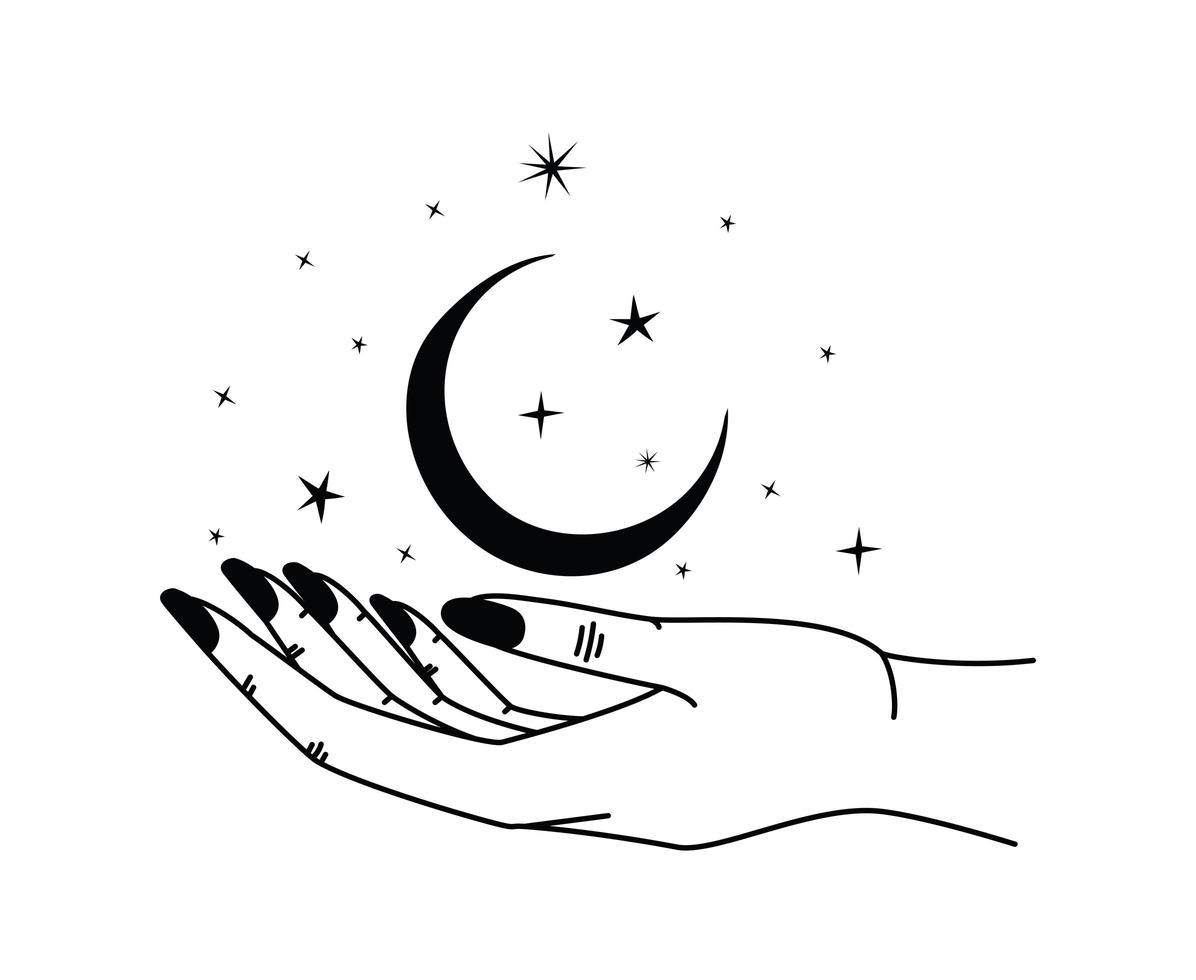 minimalist tatto of one hand holding a moon with stars vector