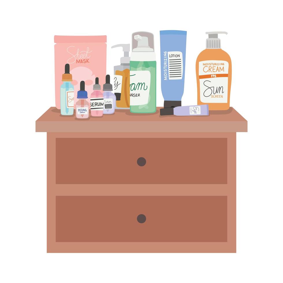 set of skincare icons on a furniture with two drawers vector