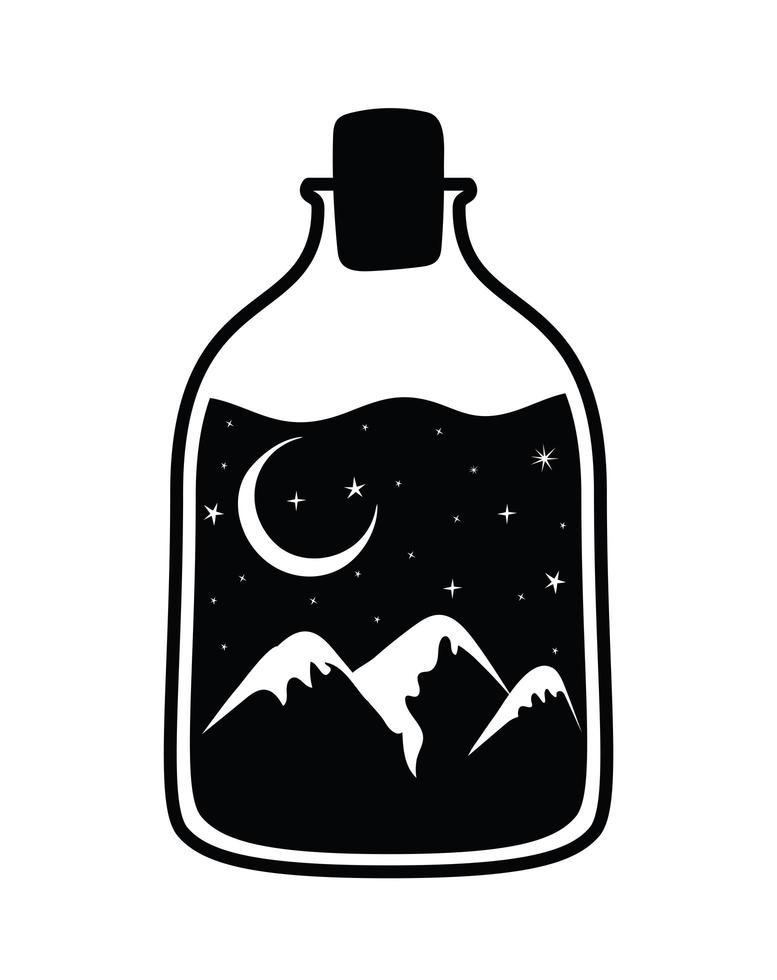 minimalist tattoo of a bottle with one landscape vector