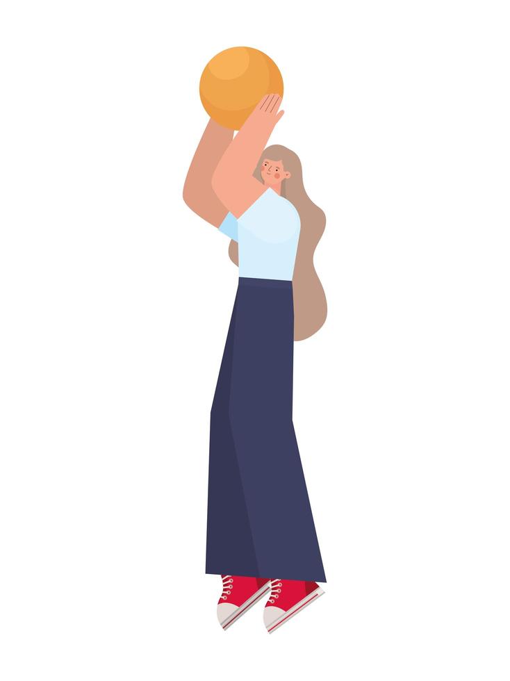 woman with blond hair and a blue jeans playing basketball vector