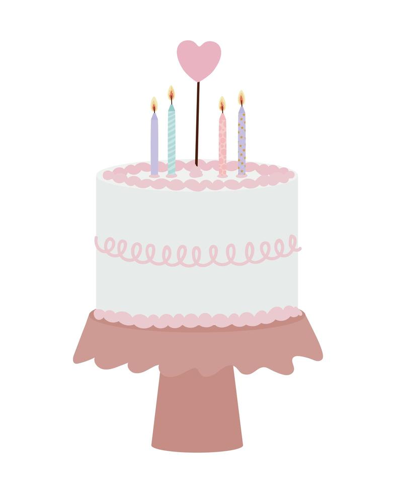 Tarta de cumpleaños con velas y una con forma de corazón. vector