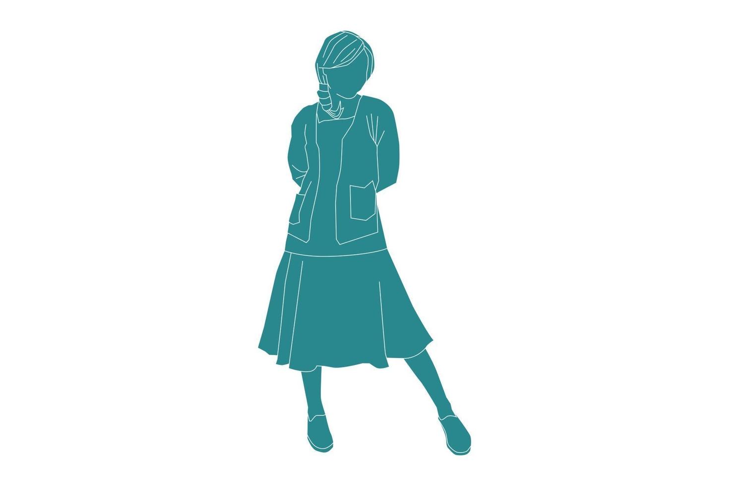 Vector illustration of elegant woman posing, Flat style with outline
