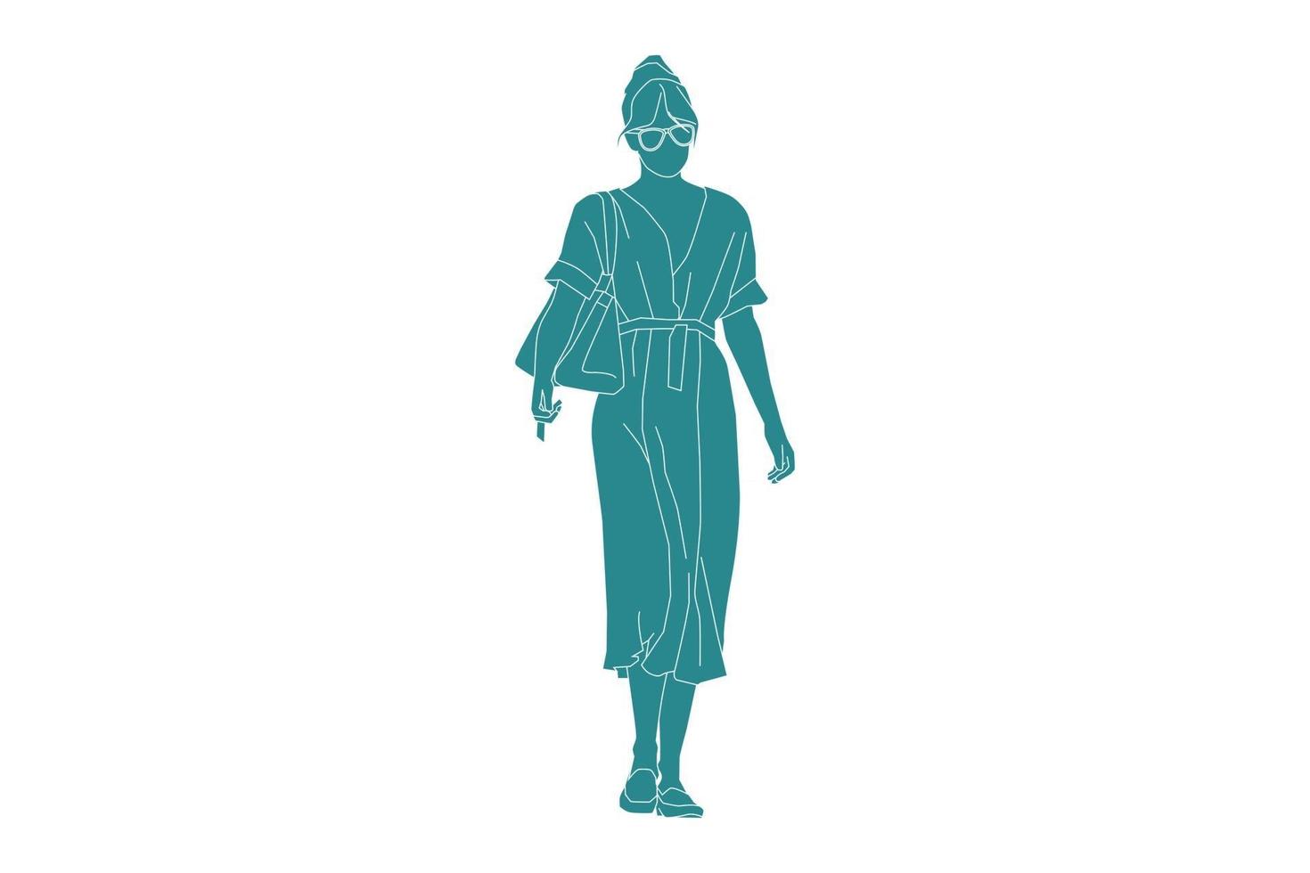 Ilustración vectorial de mujer elegante caminando caminando por la calle lateral, estilo plano con contorno vector