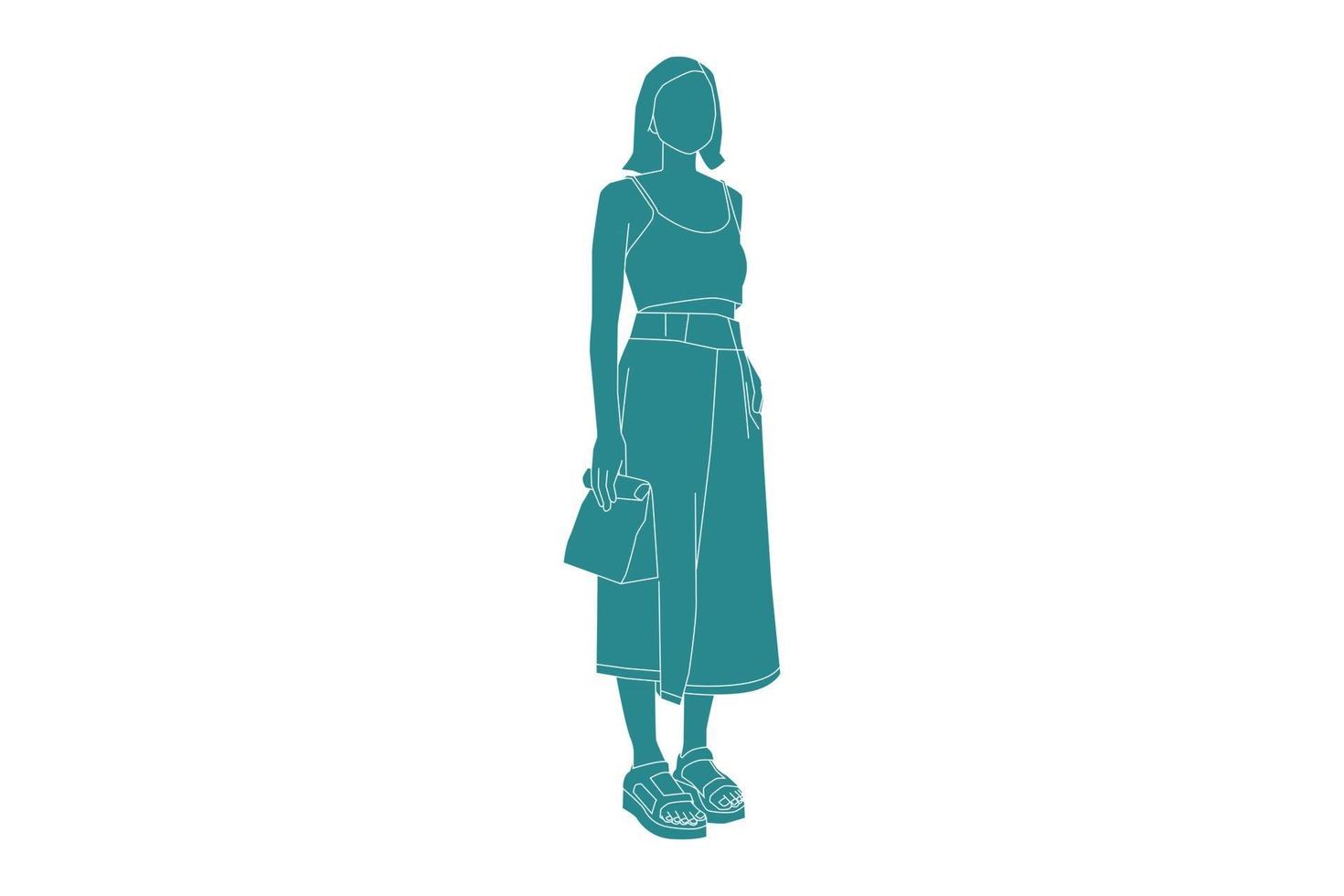 Ilustración vectorial de mujer casual posando con comestibles, estilo plano con contorno vector