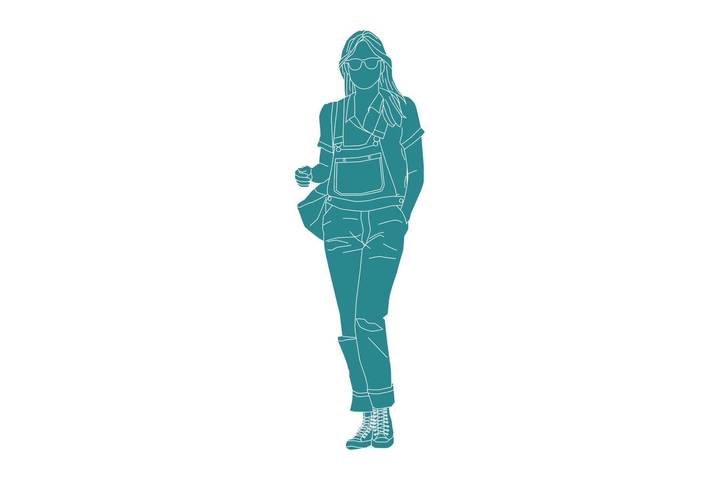 Ilustración vectorial de mujer de moda en la calle lateral, estilo plano con contorno vector