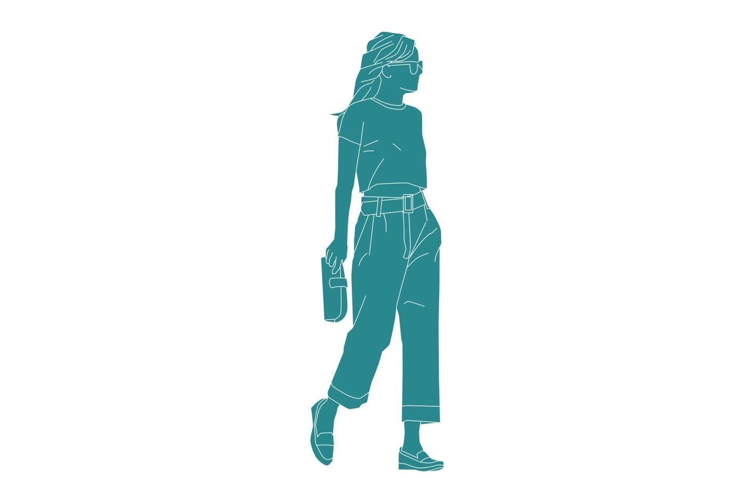 Ilustración vectorial de mujer casual caminando por la calle lateral con su billetera, estilo plano con contorno vector