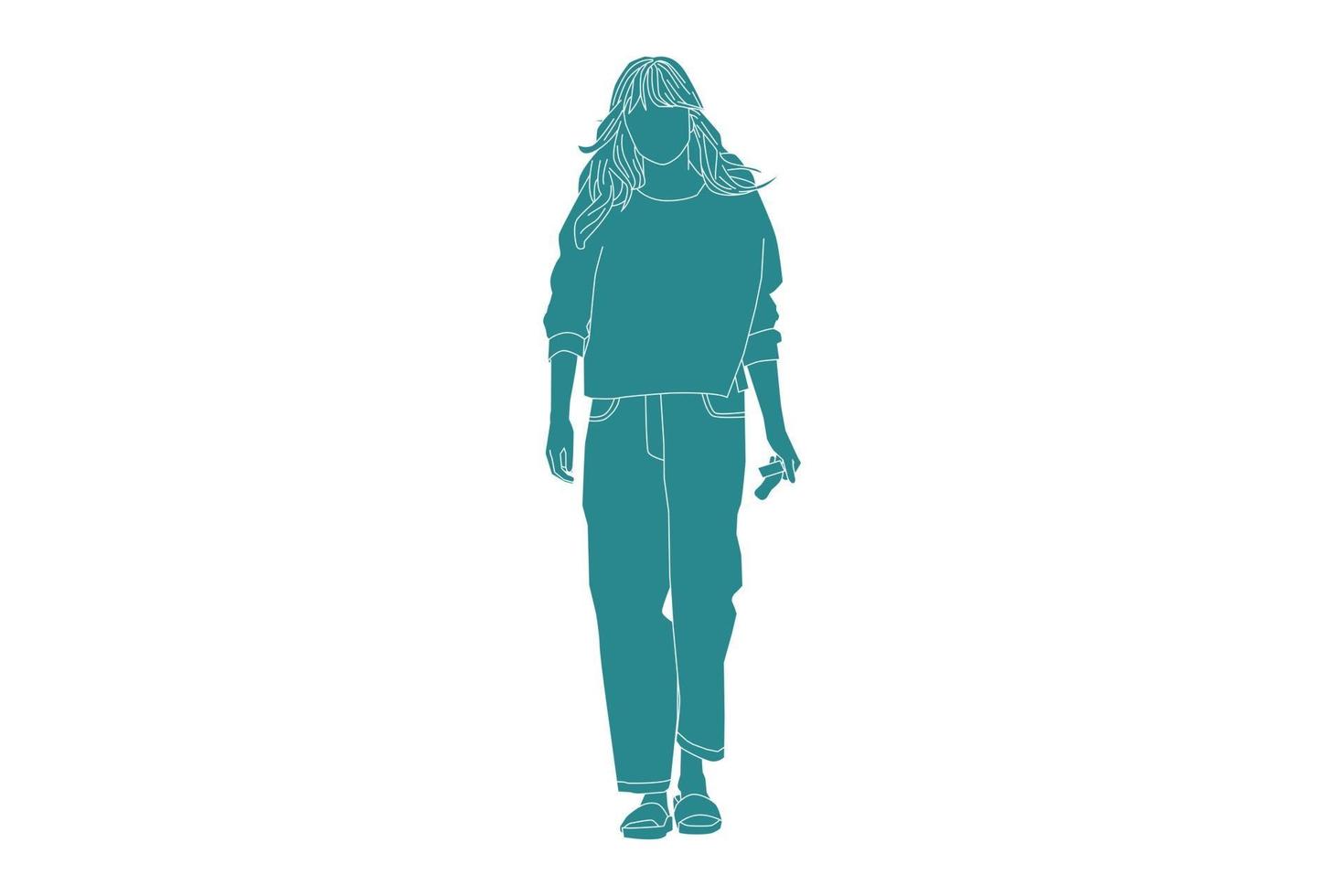 Ilustración vectorial de mujer casual en la calle lateral, estilo plano con contorno vector