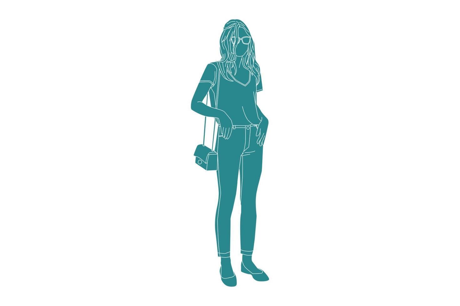 Vector illustration of casual woman on the sideroad with her mini bag, Flat style with outline