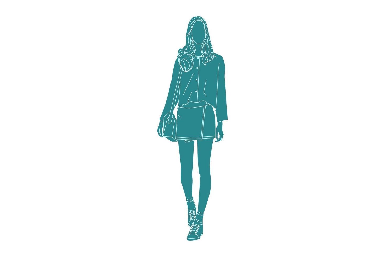 Ilustración vectorial de mujer casual en la calle lateral con su bolso, estilo plano con contorno vector