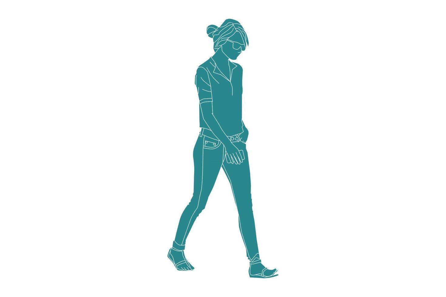 Vector illustration of casual woman walking on the sideroad, Flat style with outline