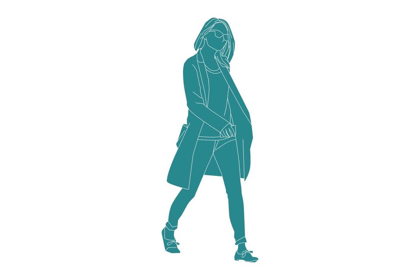 Ilustración vectorial de mujer casual caminando por la calle, estilo plano con contorno vector