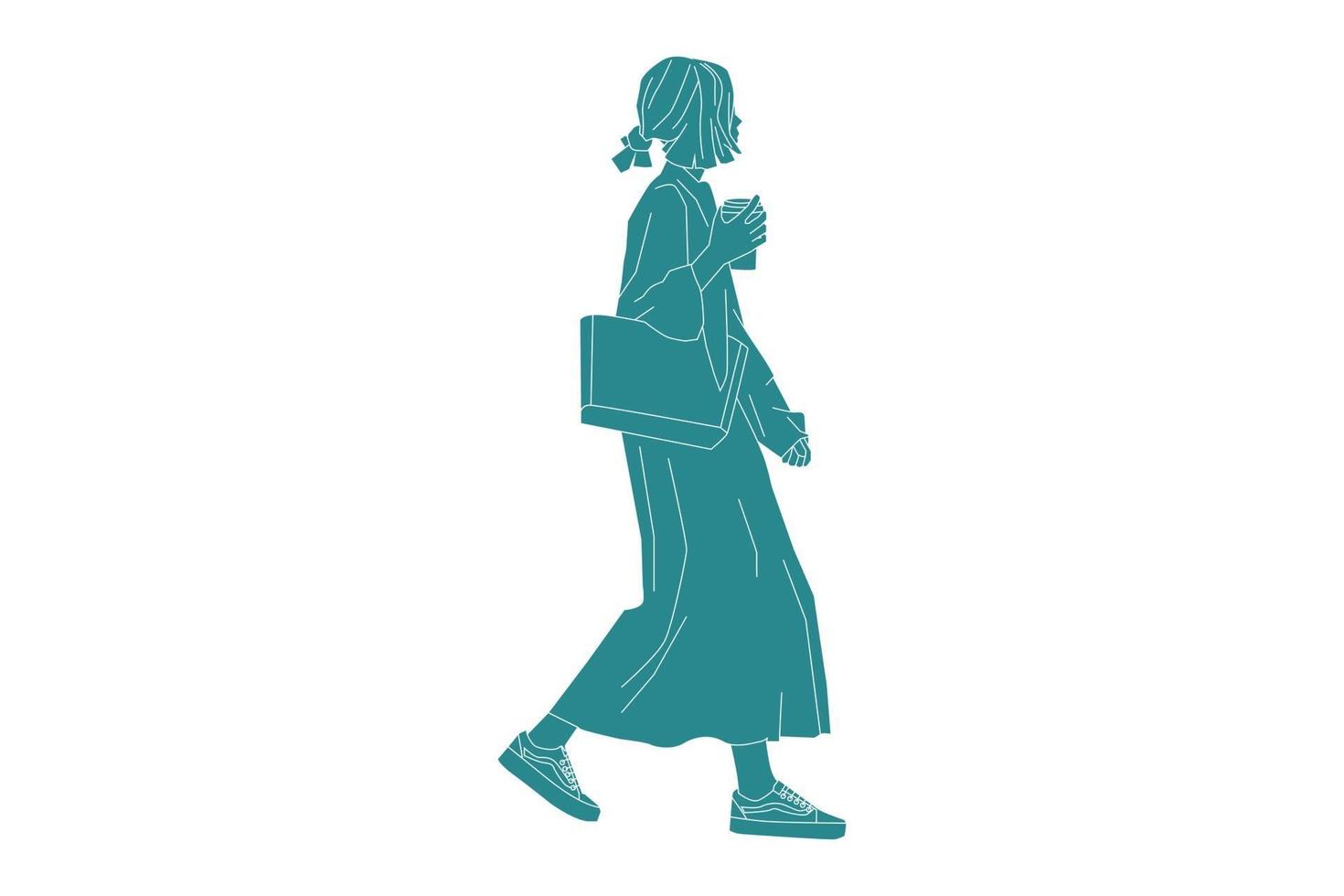 Vector illustration of casual woman walking on the sideroad with her coffee, Flat style with outline