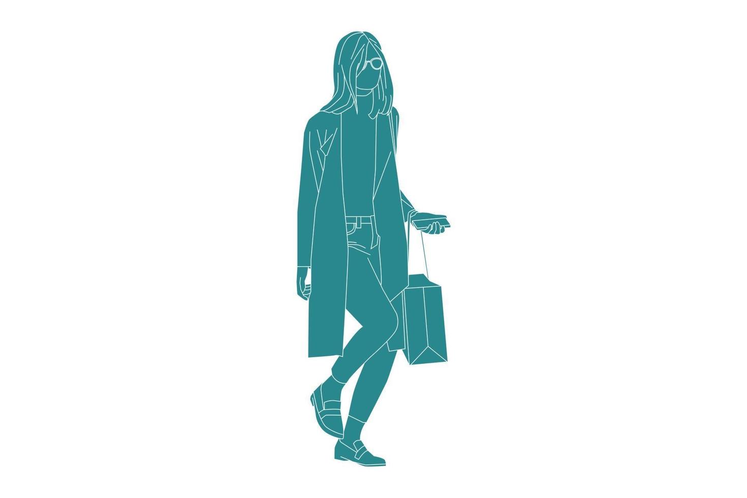 Ilustración vectorial de mujer casual caminando por la calle lateral, estilo plano con contorno vector
