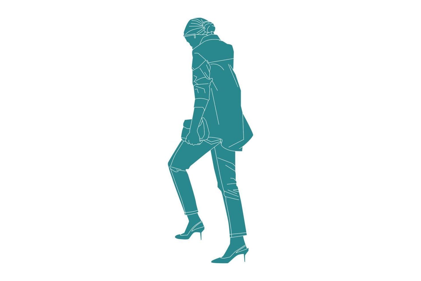 Ilustración vectorial de mujer casual caminando por la calle lateral, estilo plano con contorno vector