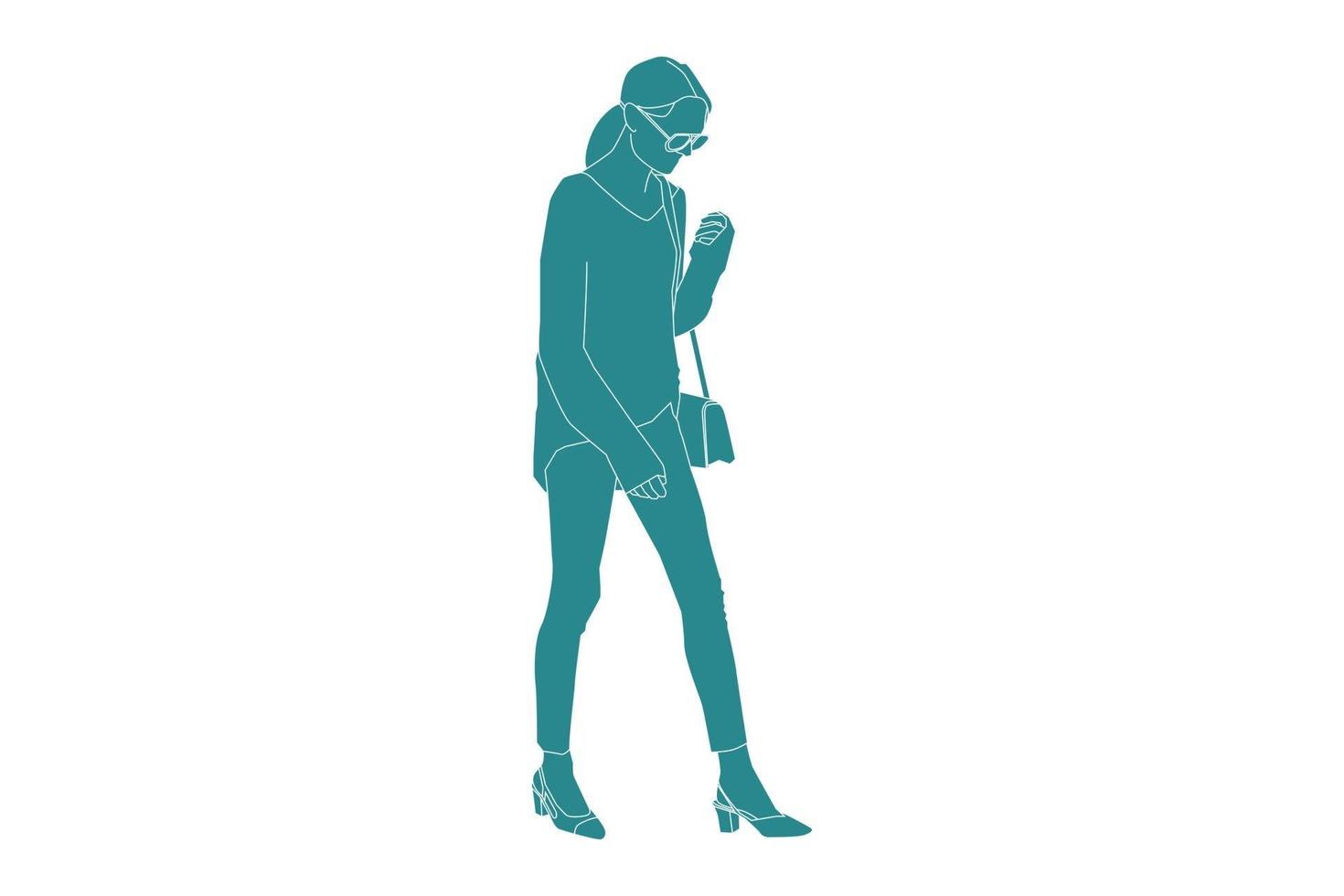 Ilustración vectorial de mujer casual caminando por la calle lateral, estilo plano con contorno vector