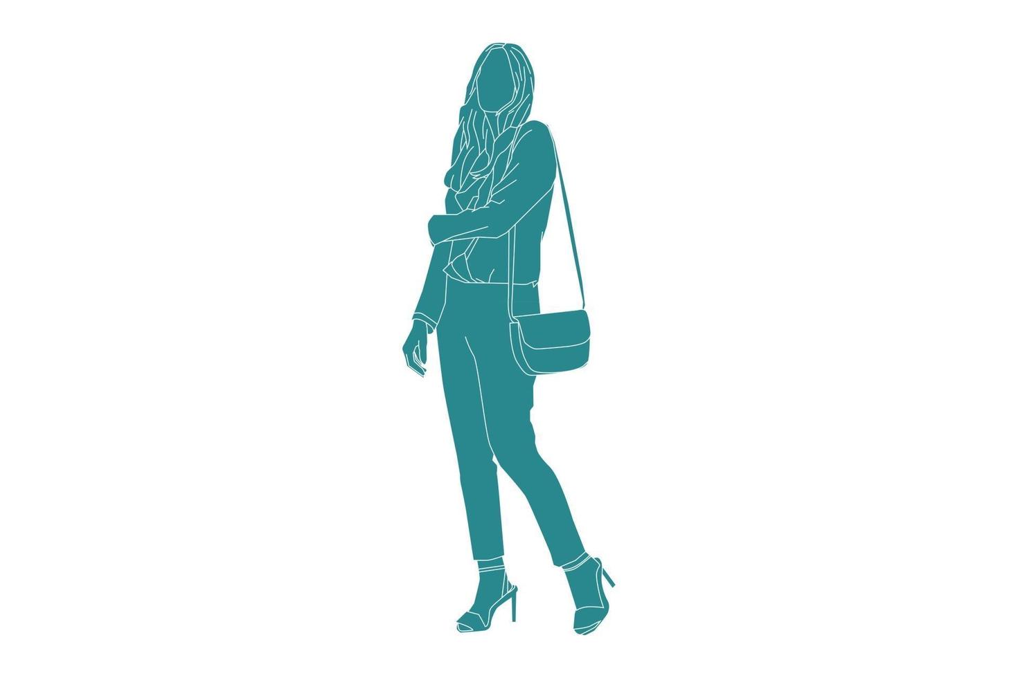 Vector illustration of beautiful woman posing with her mini bag, Flat style with outline