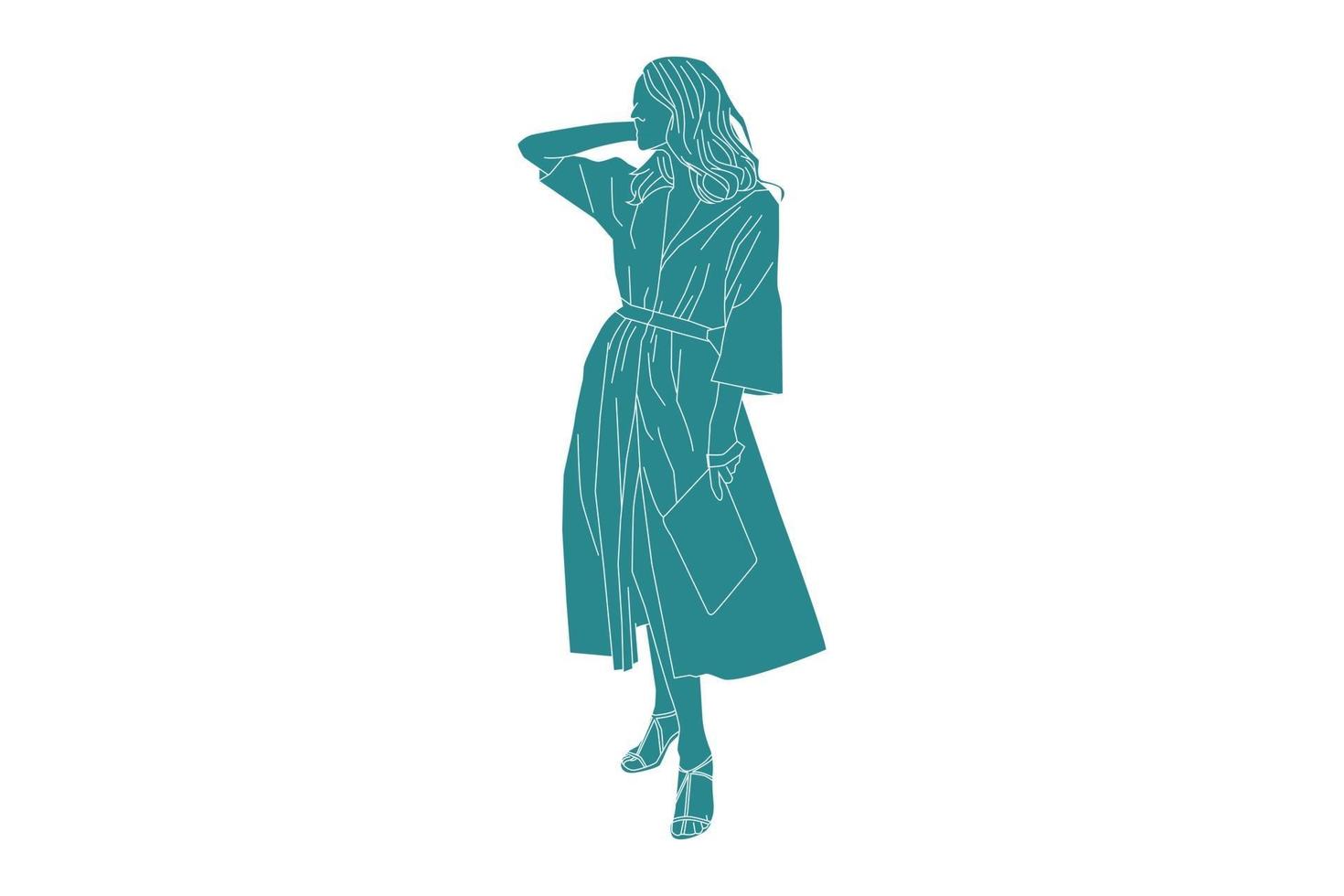 Vector illustration of elegant woman posing on the sideroad, Flat style with outline