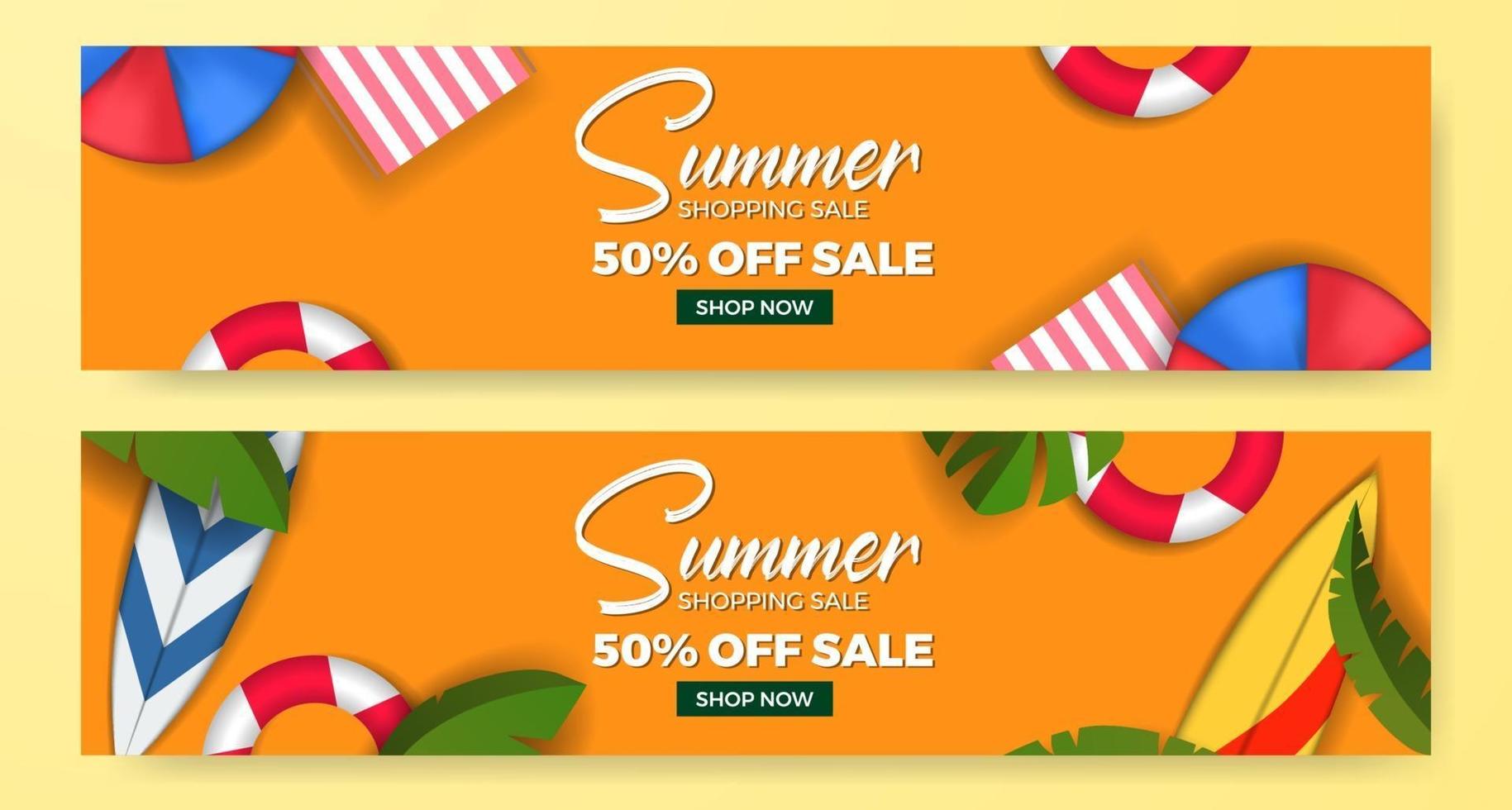 Summer sale offer banner template with flat lay illustration top view beach element and green tropical leaves vector