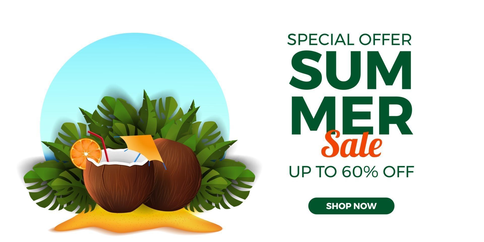 Summer sale offer banner promotion with coconut drink on the sand beach with tropical leaves vector