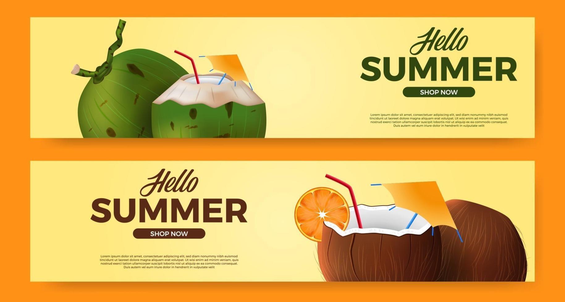 hola promoción de banner de verano con ilustración de bebida de coco realista 3d vector