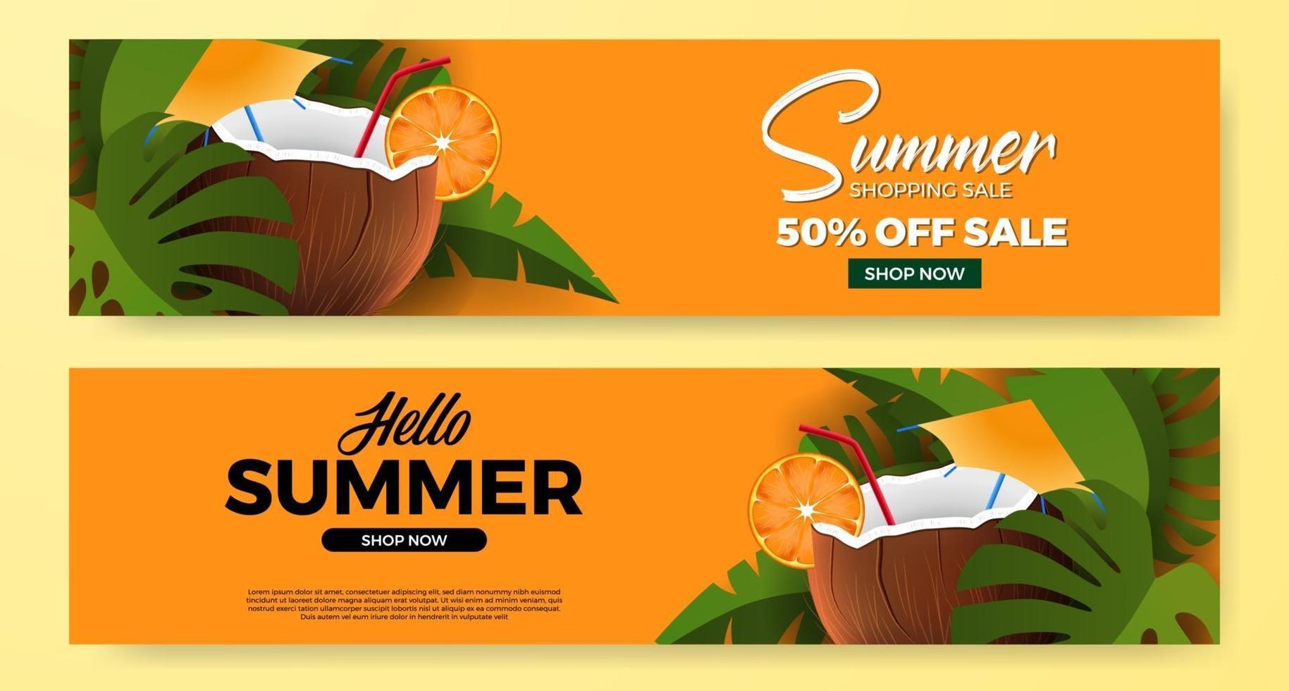 Hello summer banner promotion with illustration of 3d realistic coconut drink with green tropical leaves vector