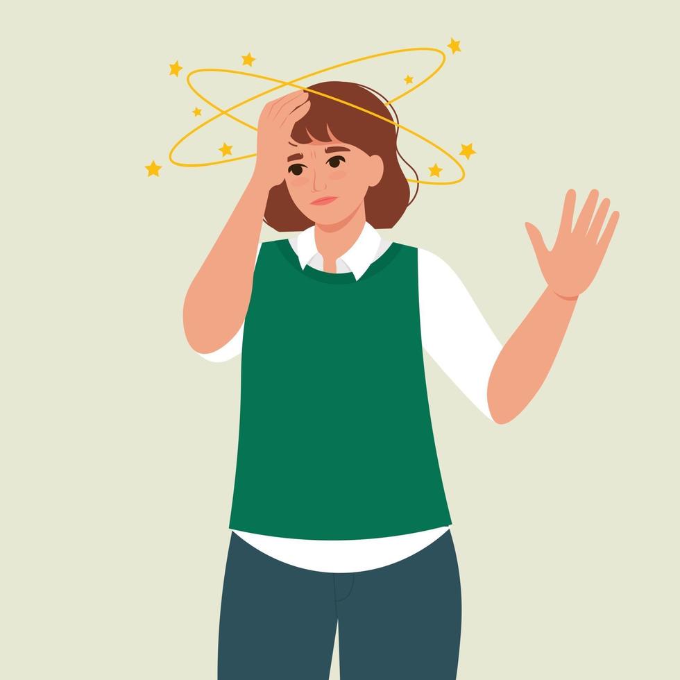 A young female with yellow stars orbiting around her head, feeling dizzy. Sick woman suffering from vertigo. Person suffering from headache. Vector isolated illustration in flat style