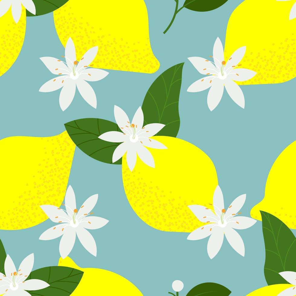 Seamless pattern with lemon, leaves and flowers. Summer tropical background. Vector illustration, floral fruits design