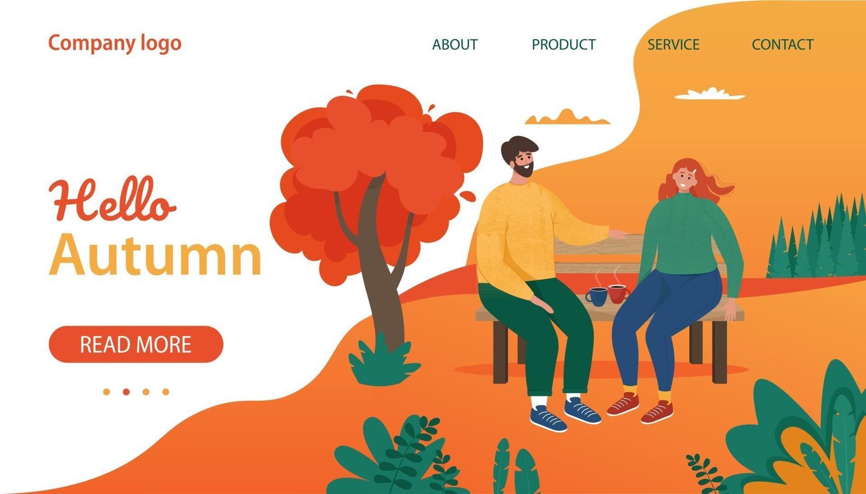 Hello Autumn landing page with cute Loving couple on the bench. Vector illustration in cartoon flat style