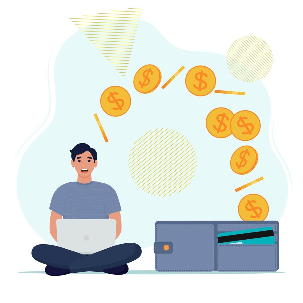 Make money online concept. Man with laptop work. Vector illustration in flat style