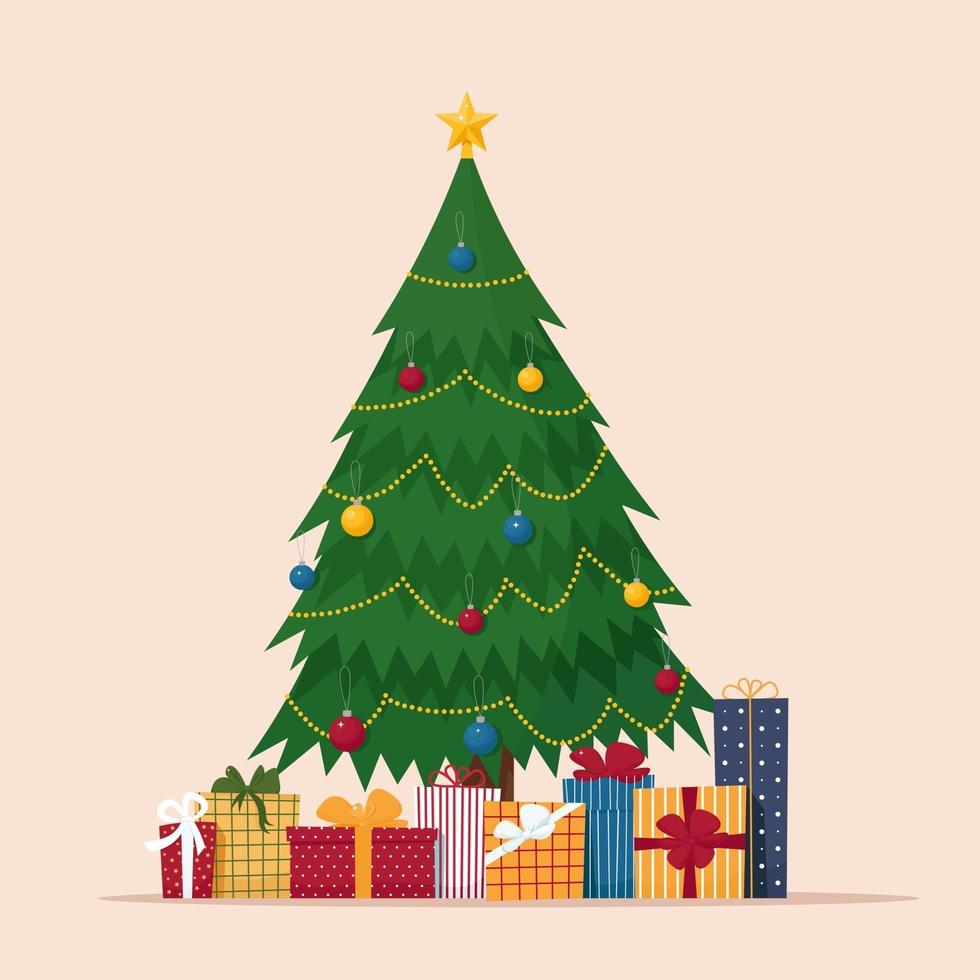 árbol de navidad con cajas de regalos. linda ilustración vectorial en estilo plano para saludar el año nuevo o la tarjeta de feliz navidad vector