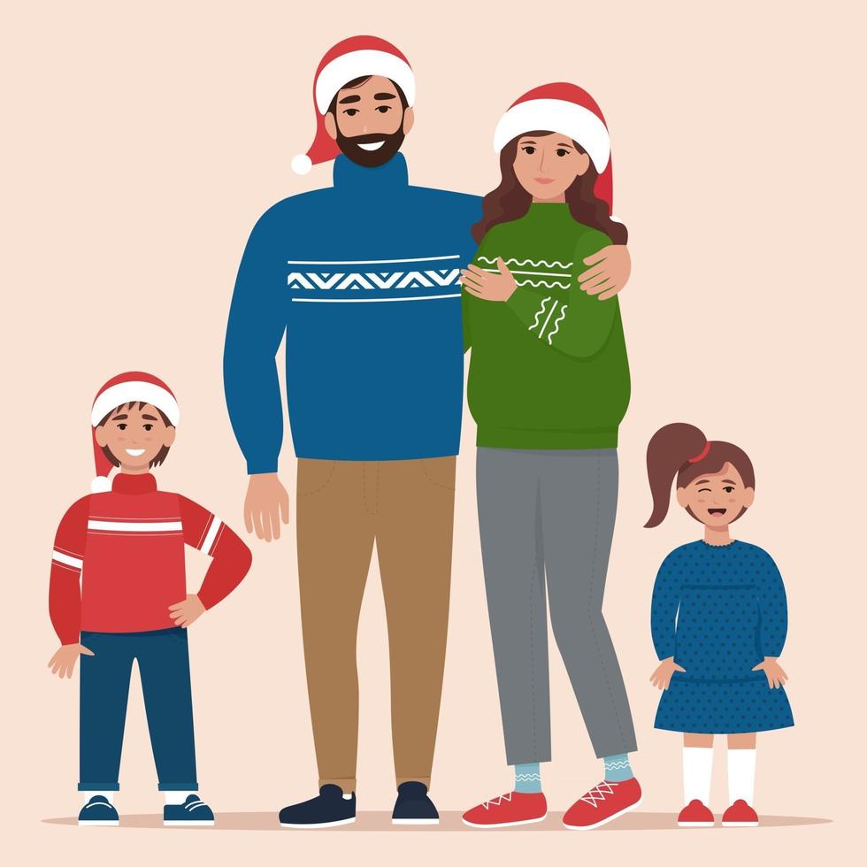 Happy family in warm clothing at Christmas. Vector illustration in flat style