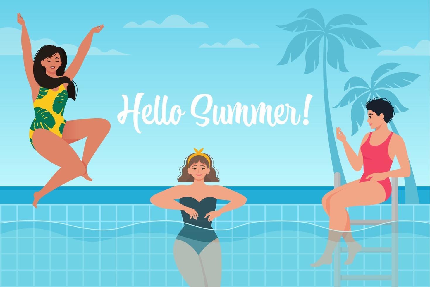 beautiful international women in swimsuits relaxing in the pool at sea background. Hello summer poster. Vector illustration in trendy flat style