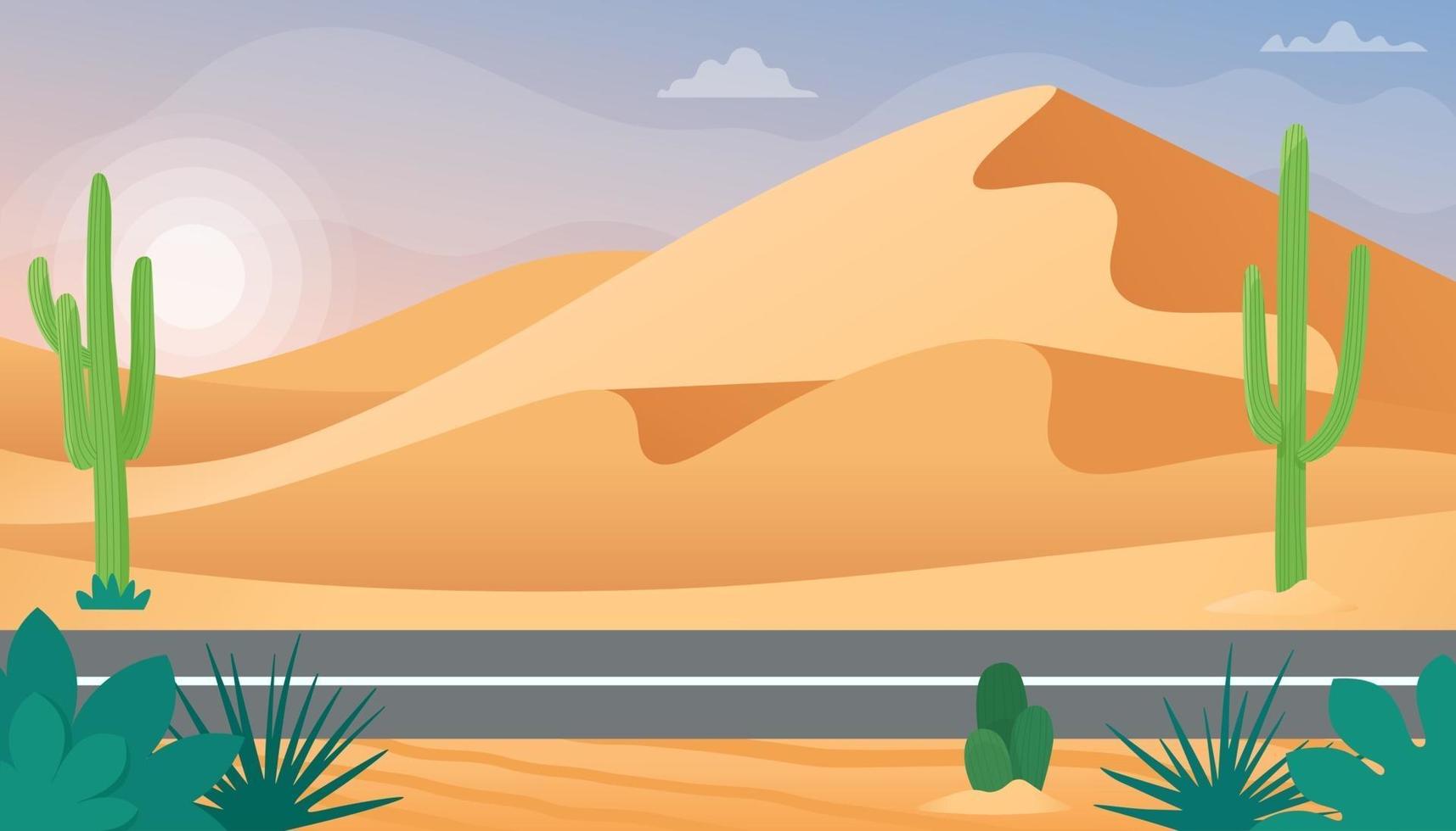 Desert landscape with Sand dunes and cacti. Vector illustration in flat style