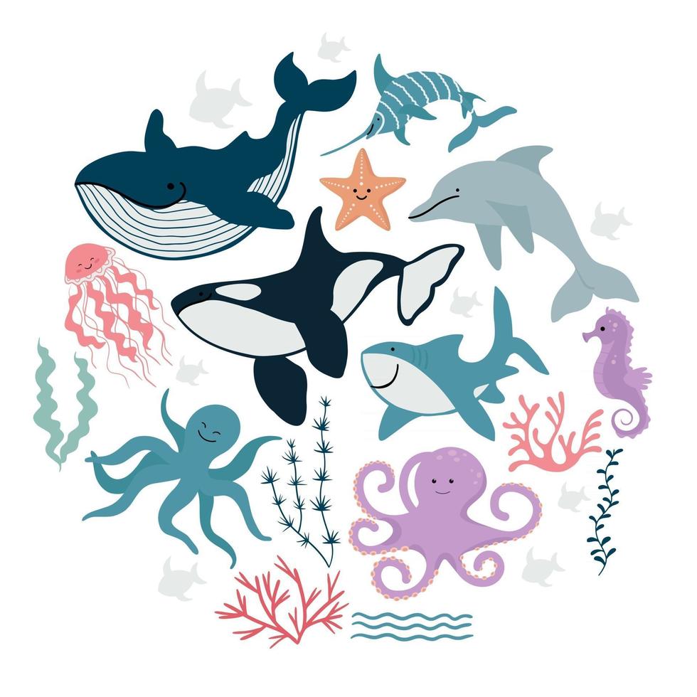 Collection of cute sea animals, fish and algae. Vector illustration in simple hand-drawn style