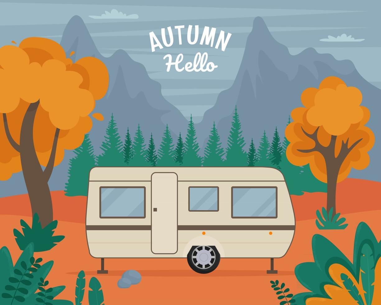 Travel Trailer in autumn. Road trip concept. Vector illustration in flat style