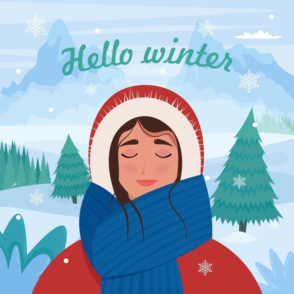 Happy girl in mountains at winter. Cute vector illustration in flat style