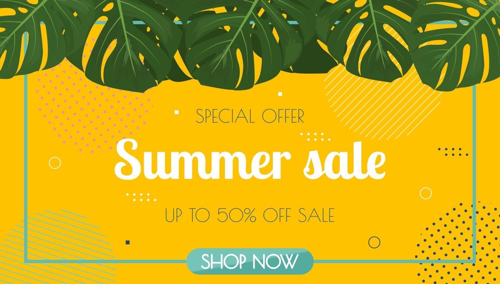 Summer sale horizontal banner with abstract geometric shapes and tropical leaves. Vector illustration in flat style
