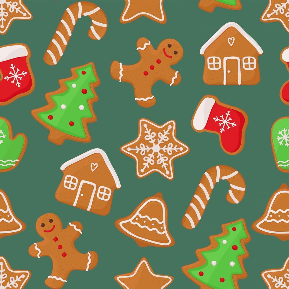 Christmas seamless pattern with gingerbread cookies. Vector isolated illustration