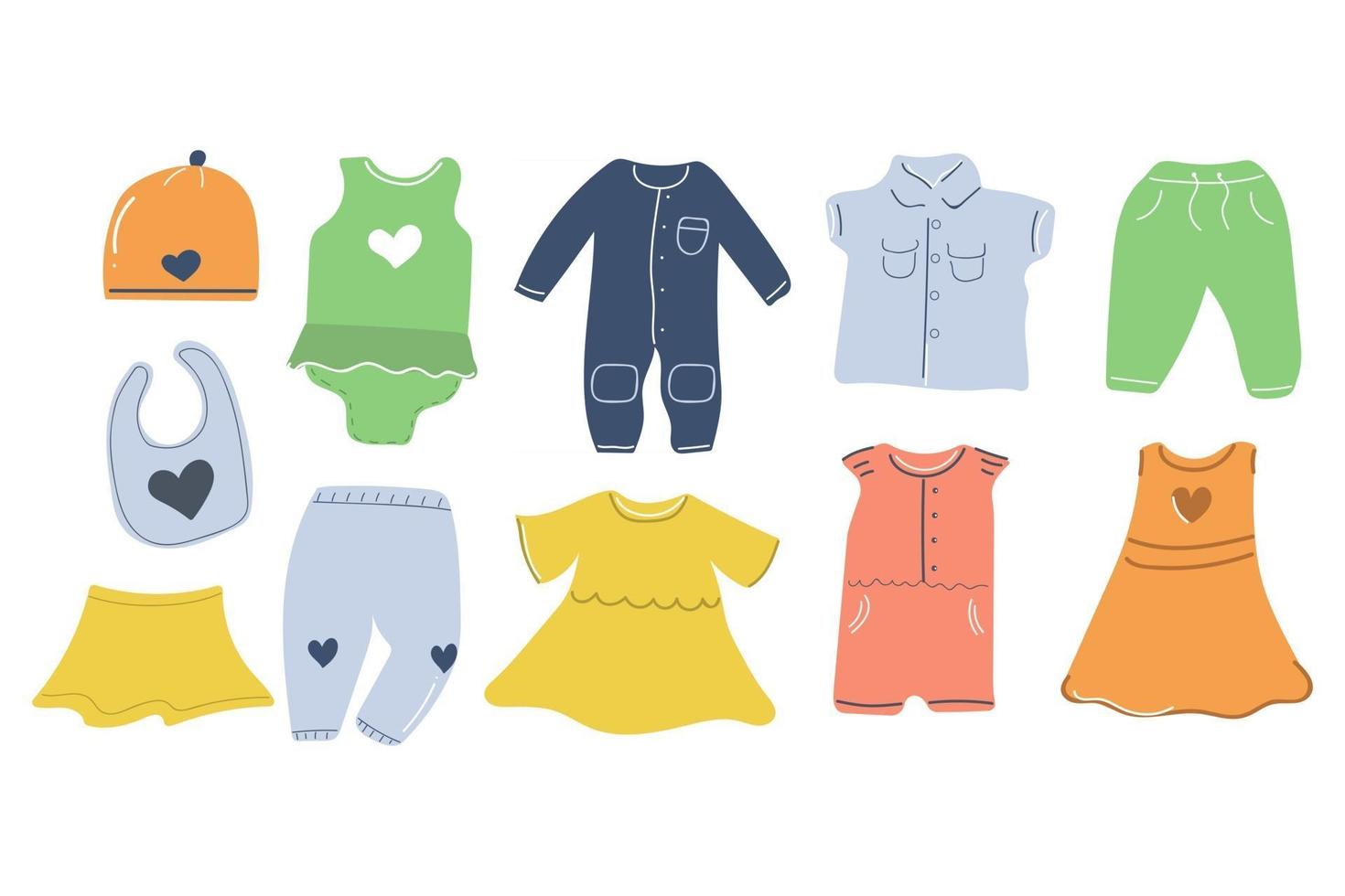 Big set of hand drawn baby clothes. Nursery design. Flat illustration. vector