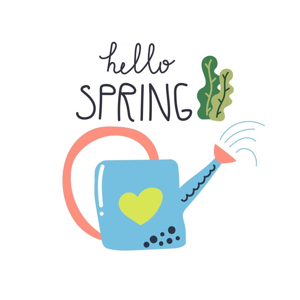 Hand drawn watering can with text Hello spring. Gardening concept. Flat illustration. vector