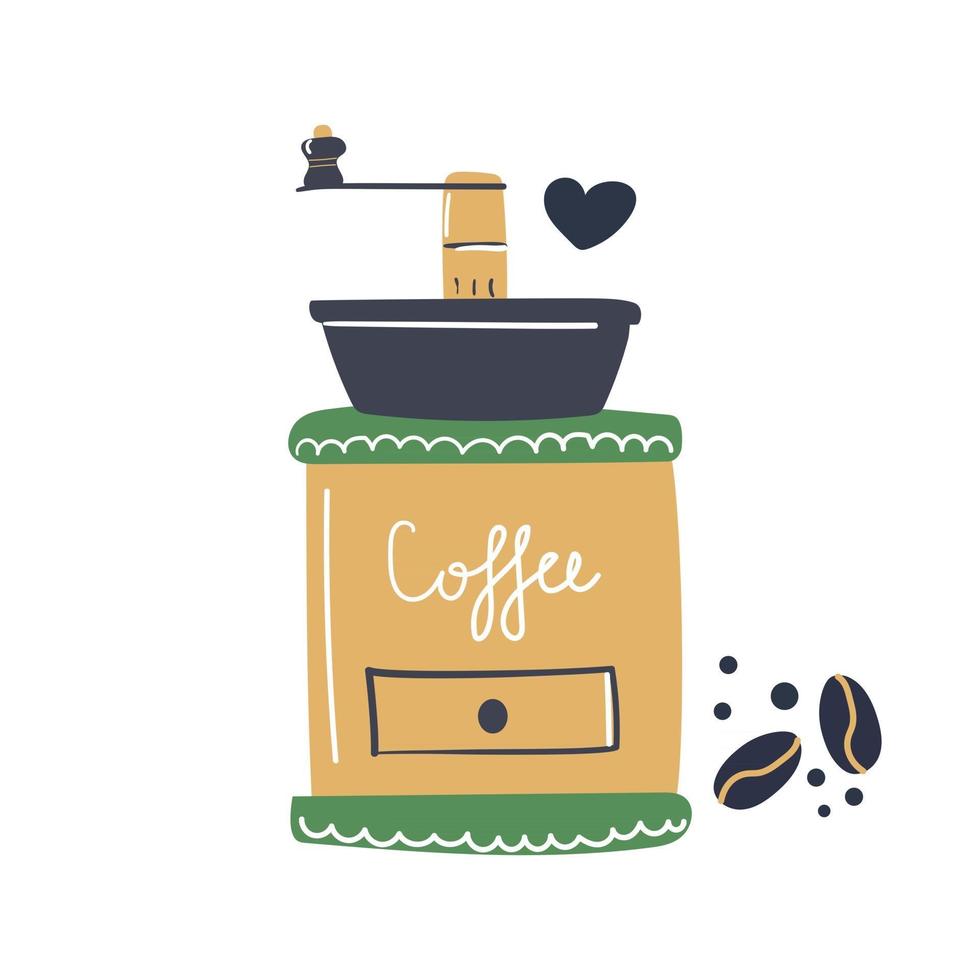 Hand drawn classic coffee grinder. Flat illustration. Cooking, kitchen concept. vector