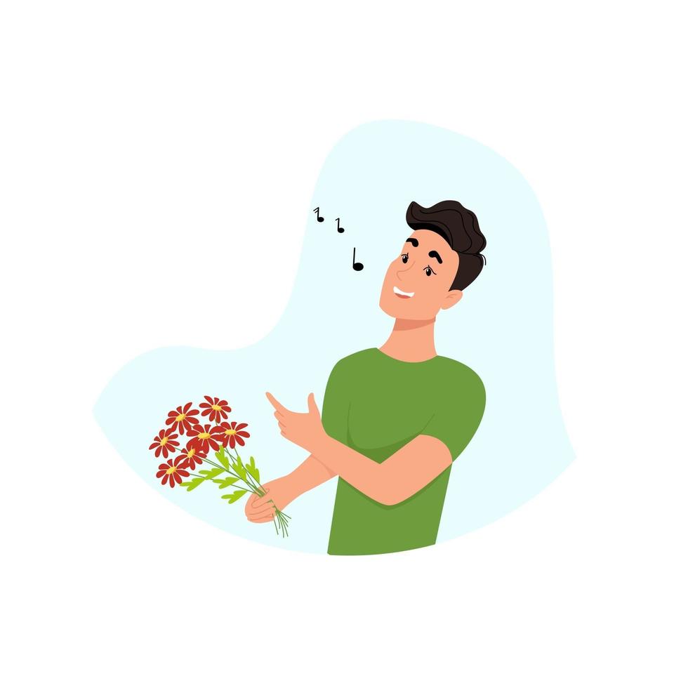 Young man sings, guy with flowers in his hands, happy man. Vector character in flat style, cartoon