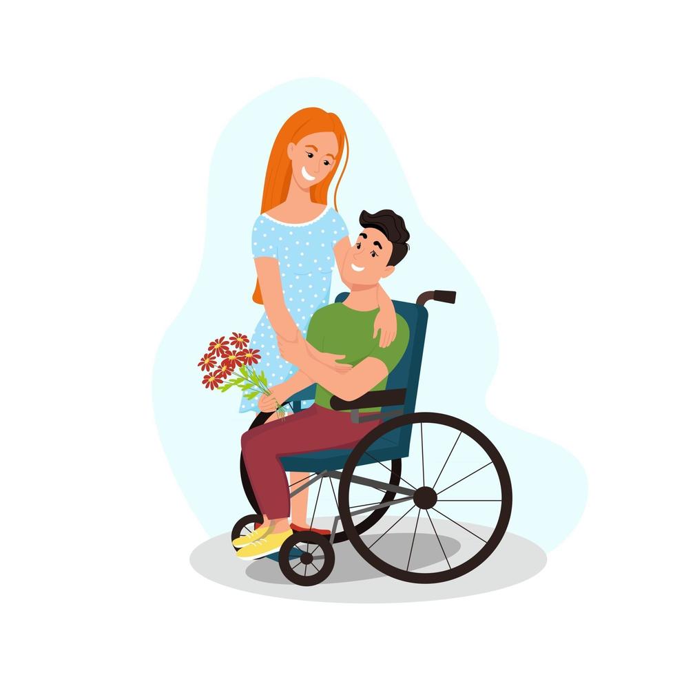 People with disabilities. A young disabled man gives flowers to his girlfriend. Couple in love, vector illustration in flat style, cartoon