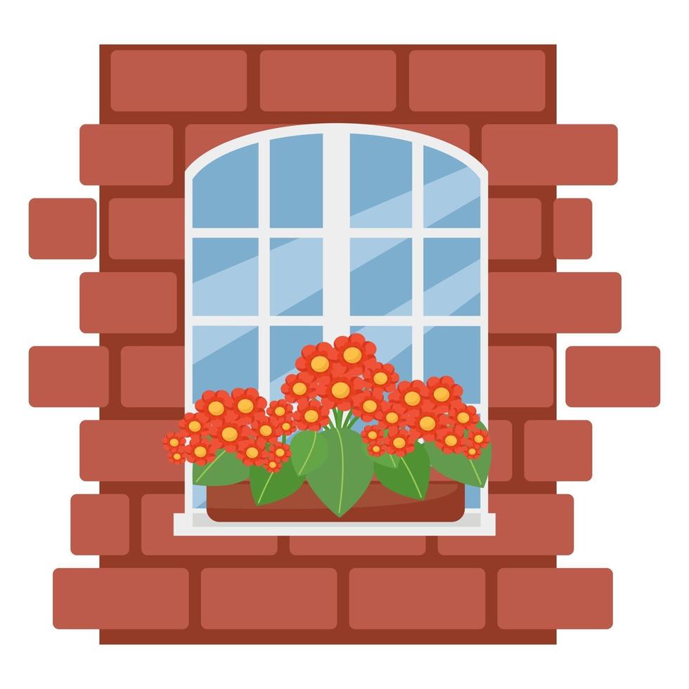 Box with flowers on the window, brick wall with white window, vector illustration in flat style, cartoon, isolated