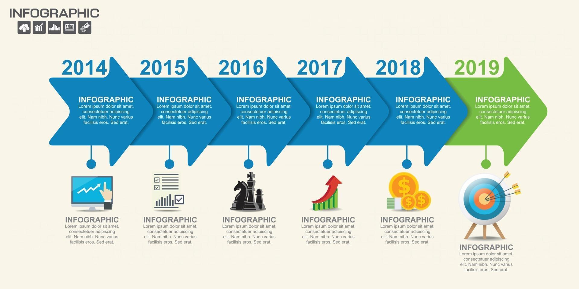 Mapa de ruta infográfico de línea de tiempo con iconos de negocios diseñados para elemento de hito de plantilla, ilustración de vector de gráfico de proceso de diagrama moderno.